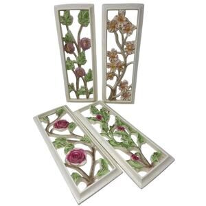 Vintage Ceramic Wall Art Floral Panel Set Chrysanthemum Rose 14.5x5.5